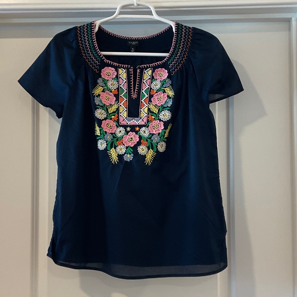 Talbots Navy Blouse with Floral Embroidery
